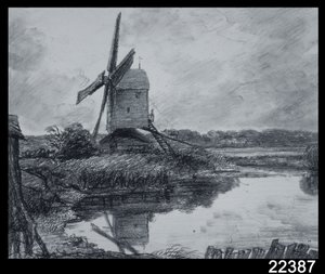 Um moinho nas margens do rio Stour (carvão no papel) de John Constable