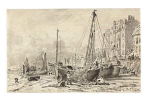 Barcos de pesca encalhados com pescadores consertando redes na praia de Brighton, olhando para o oeste, c.1824-28 de John Constable