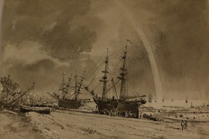 Brighton Beach com um arco-íris: Colliers Unloading, c.1792 (aguarela sobre papel) de John Constable