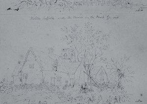 Cottage em Holton com a igreja no fundo (caneta e tinta no papel) de John Constable