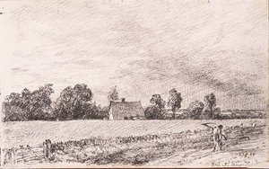 Casas de campo e estrada, Bergholt Oriental, lápis de John Constable