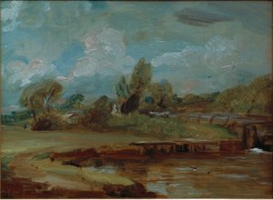 Eclusa Flatford, a partir de um caminho junto ao rio de John Constable