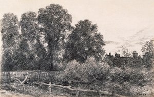 Paisagem com Elm Tress e uma casa (grafite no papel) de John Constable