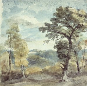 Paisagem com árvores e uma mansão distante (aquarela) de John Constable