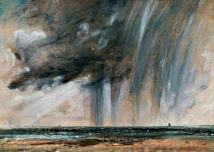 Tempestade de chuva sobre o mar, estudo da paisagem marítima com nuvens de chuva, ca 1824-1828, por John Constable (1776-1837), óleo sobre papel colocado sobre tela, 22,2x31 cm de John Constable