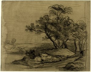 Margem do rio com árvores (anverso); rebanho de gado sob árvores, com esboço de paisagem (verso) de John Constable