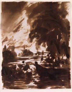 Árvores e extensões de água sobre o Stour (lavagem castanha) de John Constable