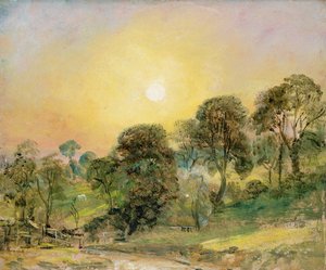 Árvores no Hampstead Heath ao pôr do sol (óleo sobre papel)
