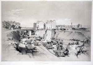 Construindo as paredes de retenção em Park Street, Camden Town, 1836 de John Cooke Bourne