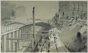 Construindo as paredes de retenção em Park Street, Camden Town, em setembro de 1836 (caneta e tinta e lavar no papel) de John Cooke Bourne