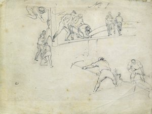 Construção dos caminhos-de-ferro de Londres e Birmingham, c.1835 (lápis sobre papel; esboço composto) de John Cooke Bourne