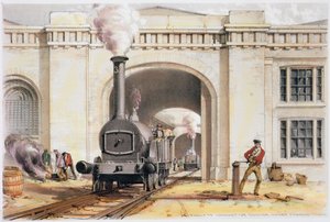 Entrada para a casa de máquinas de locomotivas, Camden Town, Londres, 1839 de John Cooke Bourne