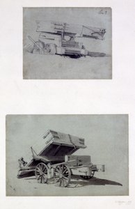 Dois exemplos de empreiteiros que derrubam vagões, de 1830 (caneta e tinta e lavagem em papel)