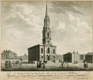 Vista noroeste da Igreja de St Giles nos campos, Londres