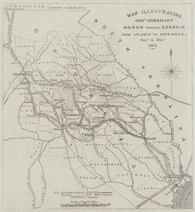 Mapa que ilustra a marcha do general Sherman através da Geórgia, de Atlanta a Savannah, em novembro e dezembro de 1864