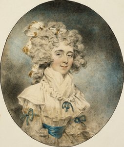 Retrato da Sra. Fisher, meio comprimento, em um vestido branco adornado com fitas azuis, 1788