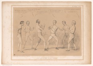 Spotprent conheceu Lord Bentinck e Lord Lyndhurst em een bokswedstrijd Sparring. Um Conjunto para, sem as Luvas, a propósito de Wind-up! (título no objeto) HB Sketches (título da série no objeto) de John Doyle