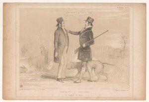 Cartoon sobre a política doméstica inglesa Pegando um caçador! ou Um amigo necessitado (título no objeto) HB Sketches (título da série no objeto) de John Doyle