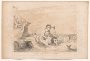 Cartoon sobre a política doméstica inglesa Arion salvo pelos golfinhos (título no objeto) HB Sketches (título da série no objeto)