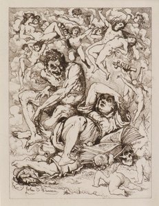 Figura Reclinada Segurando Cruz, o Diabo Sentado nas proximidades Cercado por Figuras Flutuantes (gravura) de John Duncan