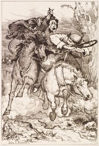 Dois Cavaleiros Galopantes [um carregando sua própria cabeça] (gravura) de John Duncan