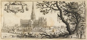 Duas figuras ao lado de uma grande árvore do lado direito em primeiro plano; a cidade de Chichester ao longe; as muralhas da cidade a percorrer a cena; a Catedral de Chichester no centro da imagem, c.1660 (gravura) de John Dunstall