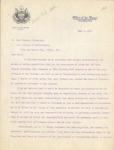 Carta do prefeito John Reyburn ao bibliotecário John Thomson aprovando Horace Trumbauer como arquiteto do Edifício da Biblioteca Principal, 1 de junho de John E. Reyburn