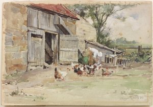 Alimentando as Galinhas, 1909 (wc no papel) de John Edgar Mitchell