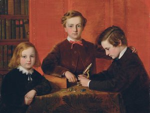 Os Jovens Microscopistas: Retrato de Frank, Harry e Arthur Izod Richards, 10, 8 e 5 anos, Brincando com um Microscópio de John Edgar Williams