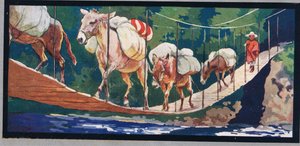Os burros transportam mantimentos através de uma ponte de corda, ilustração de 