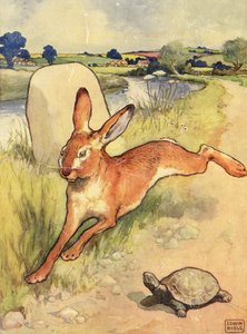 A Tartaruga e a Lebre das Fábulas de Esopo, pub. por Raphael Tuck & Sons Ltd., Londres (ilustração do livro)