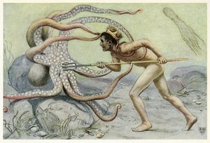 Ele era muito corajoso e forte e lutou com o grande polvo do Great Sea Horse, pub. 1909 de John Elliot
