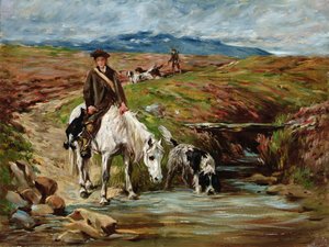Cavalo e Spaniel bebendo de um córrego de John Emms