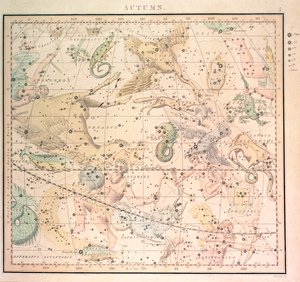 Carta celestial: Outono, mostrando sinais do zodíaco e posições das estrelas (gravura)