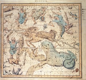 Carta celestial: Inverno, mostrando sinais do zodíaco e posições das estrelas (gravura)