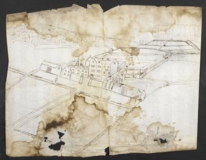 Acrescentar. 78610 (i) Prospecto de Wotton com o jardim, gruta e arredores do noroeste, c.1650 (caneta e tinta sobre papel) de John Evelyn