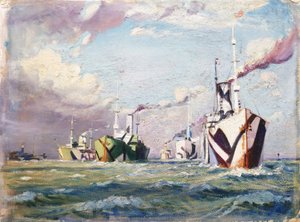 Um Cunarder (navio a vapor), c.1918 (óleo sobre cartão) de John Everett