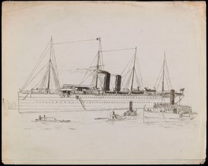 PAH1225; Navio a vapor perto de uma costa com um rebocador ao lado. Navio de passageiros com rebocador e navio a vapor de pás Tilbury nas proximidades (desenho) de John Everett