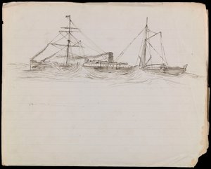 PAH1228; Esboços de um navio de guerra e de dois outros navios da Marinha Real (desenho) de John Everett