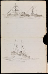 PAH1228; Esboços de um navio de guerra e de dois outros navios da Marinha Real (desenho) de John Everett