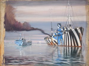 O S.S. Lepanto e outro navio a vapor, ambos pintados com cores deslumbrantes, ancorados em águas calmas