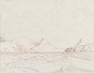 Paisagem marítima com embarcação a passar por terra (1), início do século XX (grafite, lápis de cor castanho) de John Everett