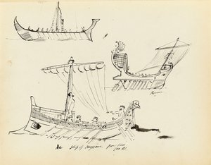 Esboços de embarcações antigas, incluindo um navio romano à vela e a remos e o navio de Odisseu, 500 a.C. (de um vaso), início do século XX (caneta, tinta preta)