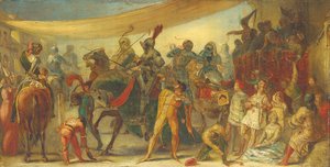 Cavaleiros se preparando para um torneio de John Everett Millais