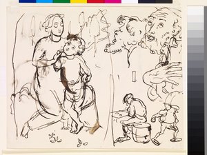 Folha de estudos caricaturando o estilo pós-raphaelesque, 1853 de John Everett Millais