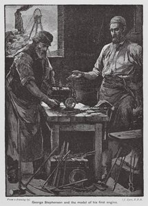 George Stephenson e o modelo do seu primeiro motor (litografia a cores) de John Eyre