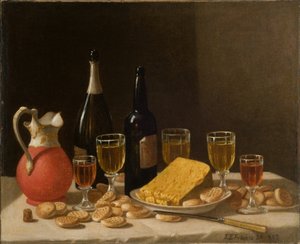 Natureza morta com garrafas, vinho e queijo 1857 (óleo sobre tela)