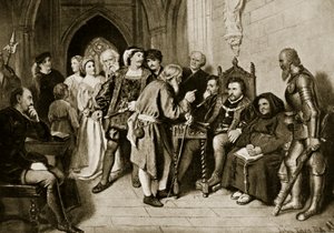 James IV no conselho antes da batalha de Flodden, 1513, ilustração da "História da nação britânica" de Hutchinson, c.1923