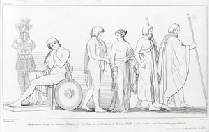 Agamémnon acusou os arautos Taltibius e Euribat do rapto do Briseis; Aquiles mandou entregá-lo às suas mãos por Patrulhas. Desenho de John Flaxman (1755 - 1826). A Ilíada de Homero. Cantando I de John Flaxman