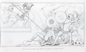 Ajax repele os troianos que procuram queimar os navios gregos. Desenho de John Flaxman (1755 - 1826). A Ilíada de Homero. Cantando XV. de John Flaxman